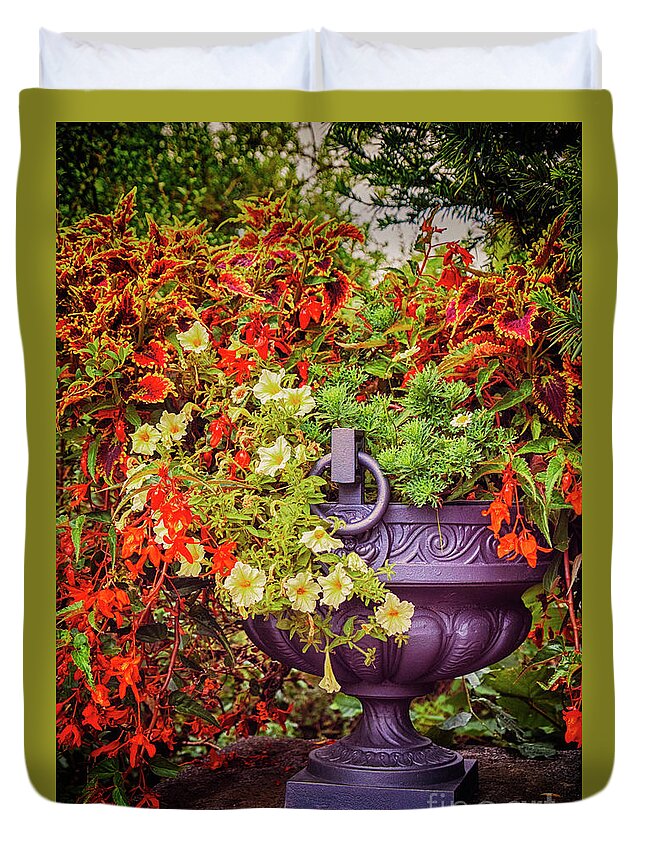 Outdoor Duvet Cover featuring the photograph Decorative Flower Vase In Garden #1 by Ariadna De Raadt