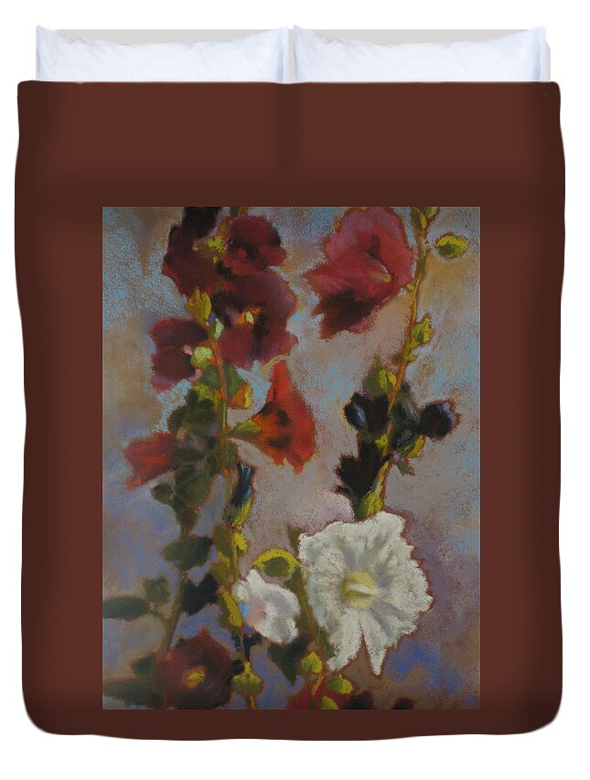  Duvet Cover featuring the painting Dee's Hollyhocks #1 by Constance Gehring