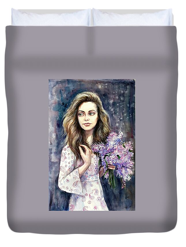 A Girl With Flowers Duvet Cover featuring the painting Diana #1 by Katerina Kovatcheva