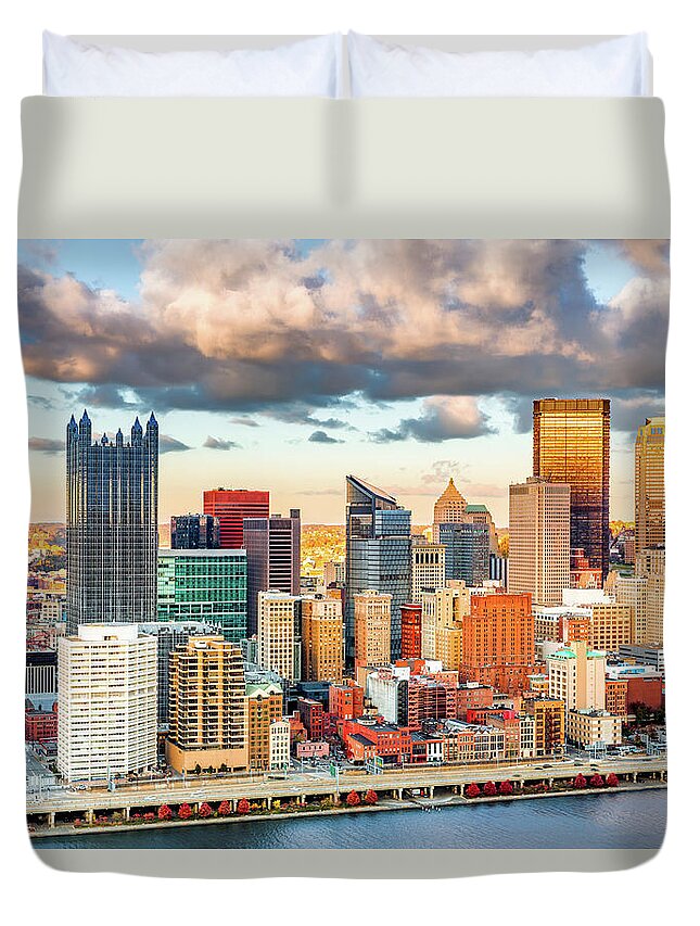 Aerial Duvet Cover featuring the photograph Downtown Pittsburgh #1 by Mihai Andritoiu
