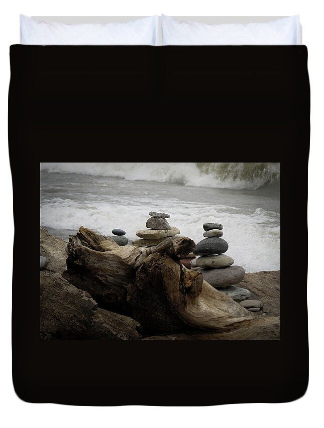  Duvet Cover featuring the photograph Driftwood Cairns #1 by Kimberly Mackowski