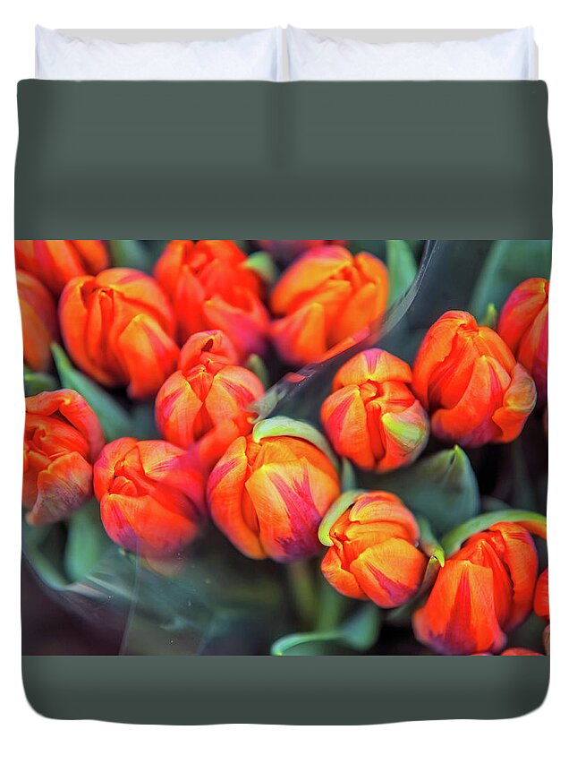Jenny Raibow Fine Art Photography Duvet Cover featuring the photograph Dutch Orange Tulips #2 by Jenny Rainbow