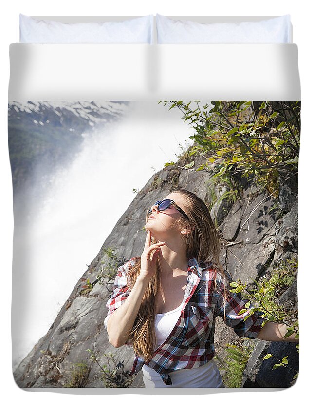 Girl Duvet Cover featuring the photograph Facing The Sun #1 by Ramunas Bruzas