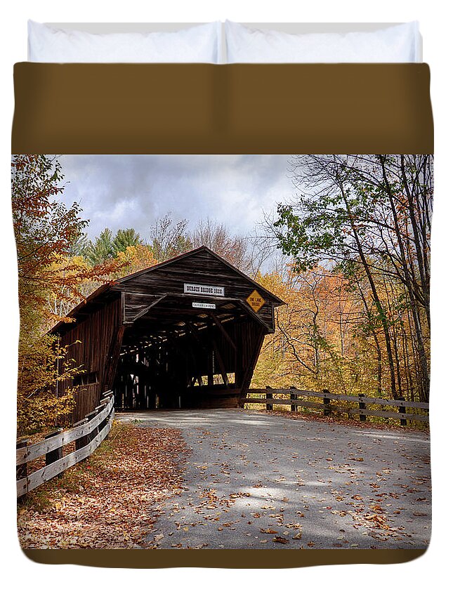 #jefffolger Duvet Cover featuring the photograph Fall colors over the Durgin Covered Bridge #1 by Jeff Folger