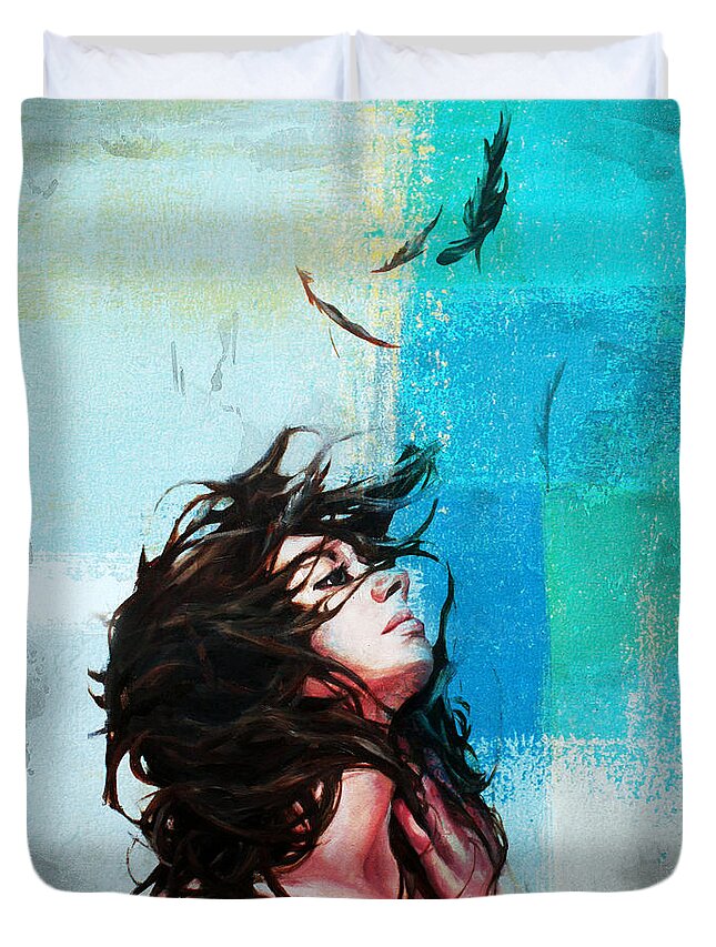 Figurative Duvet Cover featuring the painting Feathers from hair #1 by Gull G