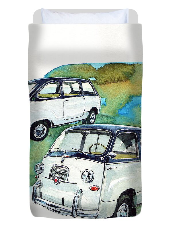 The First Multi Purpose Vehicle Duvet Cover featuring the painting Fiat 600 Multipla #1 by Yoshiharu Miyakawa