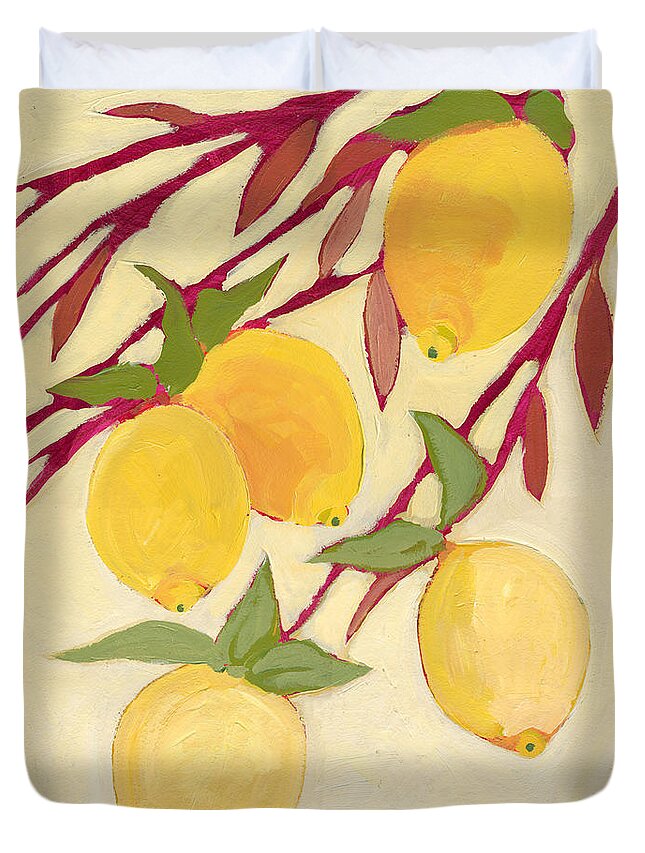 Lemon Duvet Cover featuring the painting Five Lemons by Jennifer Lommers