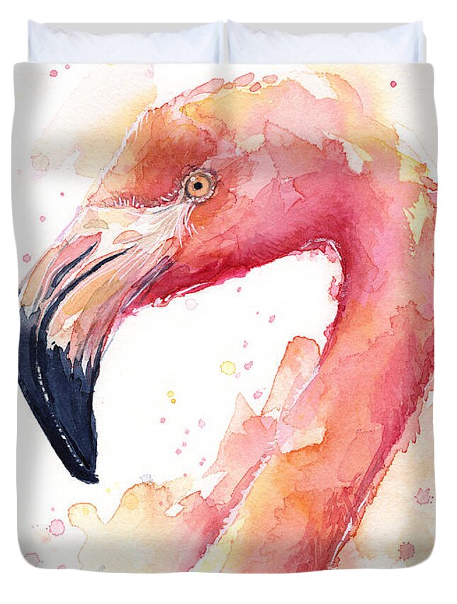 Pink Duvet Cover featuring the painting Flamingo Watercolor #2 by Olga Shvartsur