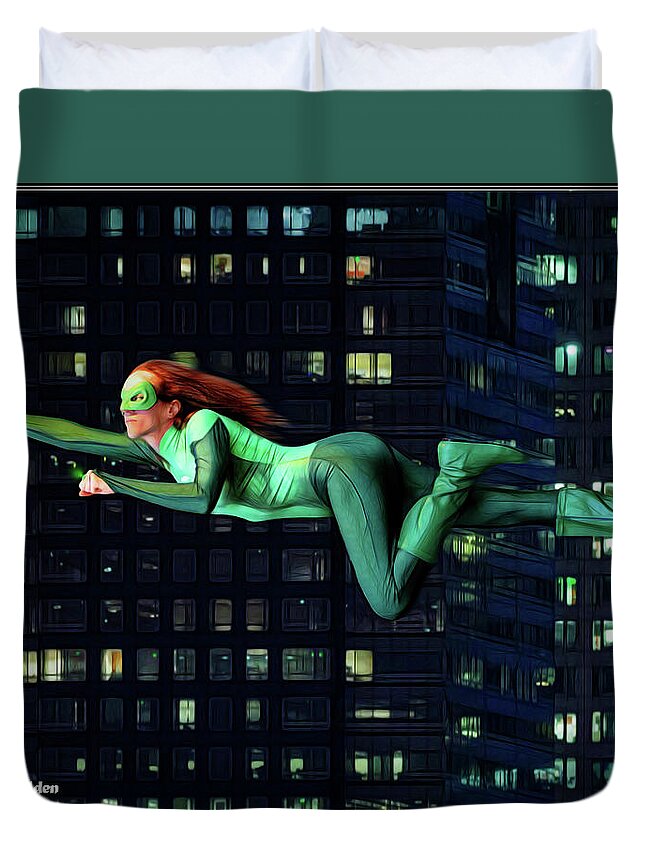 Green Duvet Cover featuring the photograph Flight Of The Green Lantern by Jon Volden