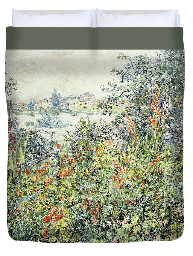 Claude Monet Duvet Cover featuring the painting Flowers at Vetheuil by Claude Monet