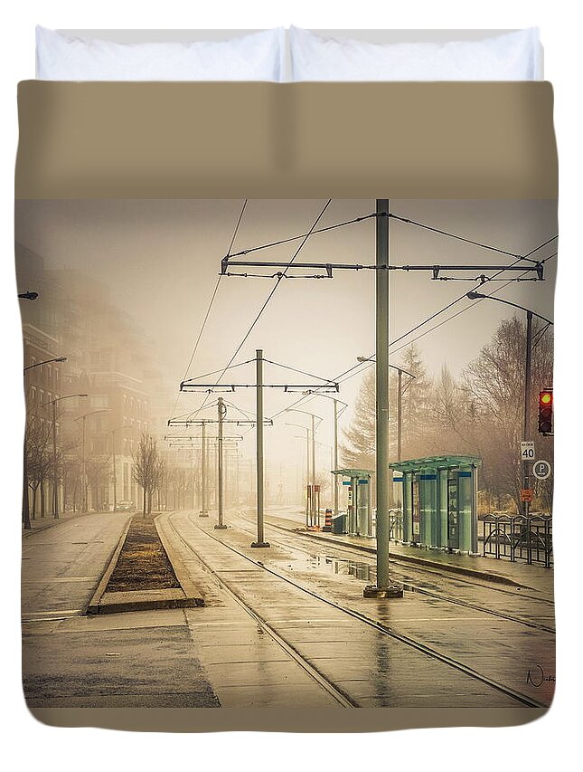 Cityart Duvet Cover featuring the digital art Fog Deserted Street by Nicky Jameson
