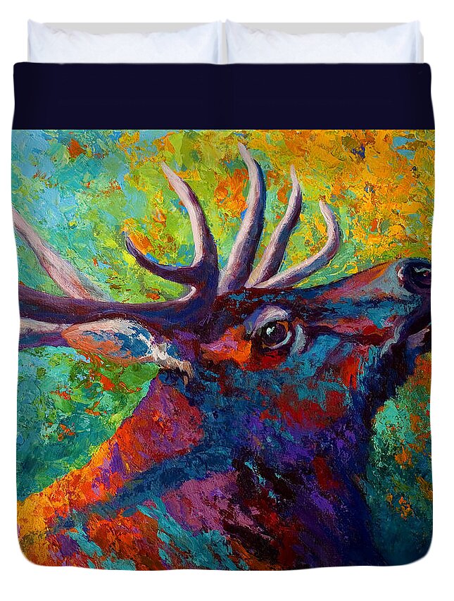 Elk Duvet Cover featuring the painting Forest Echo - Bull Elk by Marion Rose