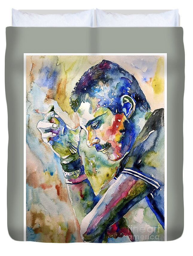 Freddie Duvet Cover featuring the painting Freddie Mercury watercolor by Suzann Sines