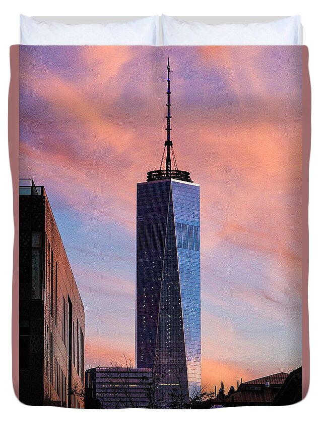 Freedom Tower Duvet Cover featuring the photograph Freedom Tower at Sunset #1 by Fran Gallogly