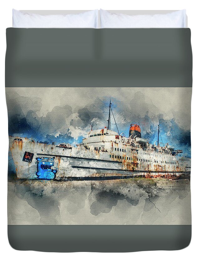 Sea Duvet Cover featuring the mixed media Ghost Ship #1 by Ian Mitchell