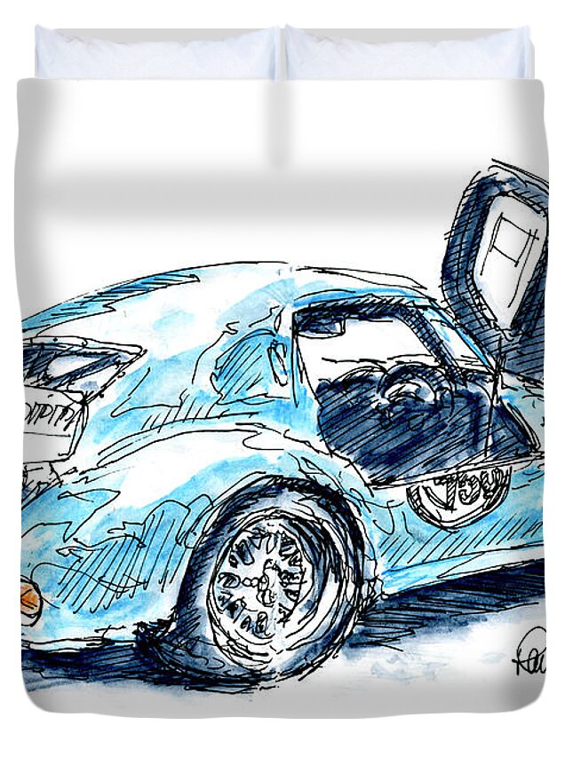 Classic Duvet Cover featuring the drawing Ginetta G20CTC Classic Car Ink Drawing and Watercolor by Frank Ramspott
