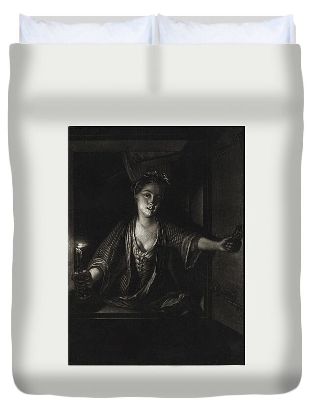 Mezzotint Duvet Cover featuring the painting Girl with a Candle #1 by John Greenwood after Nicolaas Verkolje