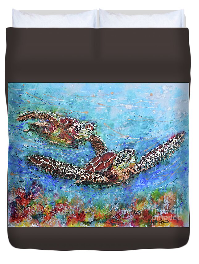 Marine Turtles Duvet Cover featuring the painting Gliding Turtles by Jyotika Shroff