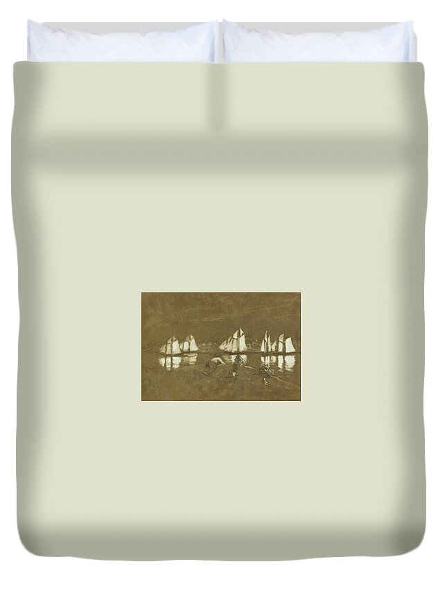 Winslow Homer Duvet Cover featuring the drawing Gloucester Harbor #4 by Winslow Homer