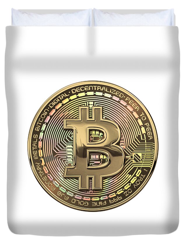 ‘money’ Collection By Serge Averbukh Duvet Cover featuring the photograph Gold Bitcoin Effigy over White Leather #2 by Serge Averbukh