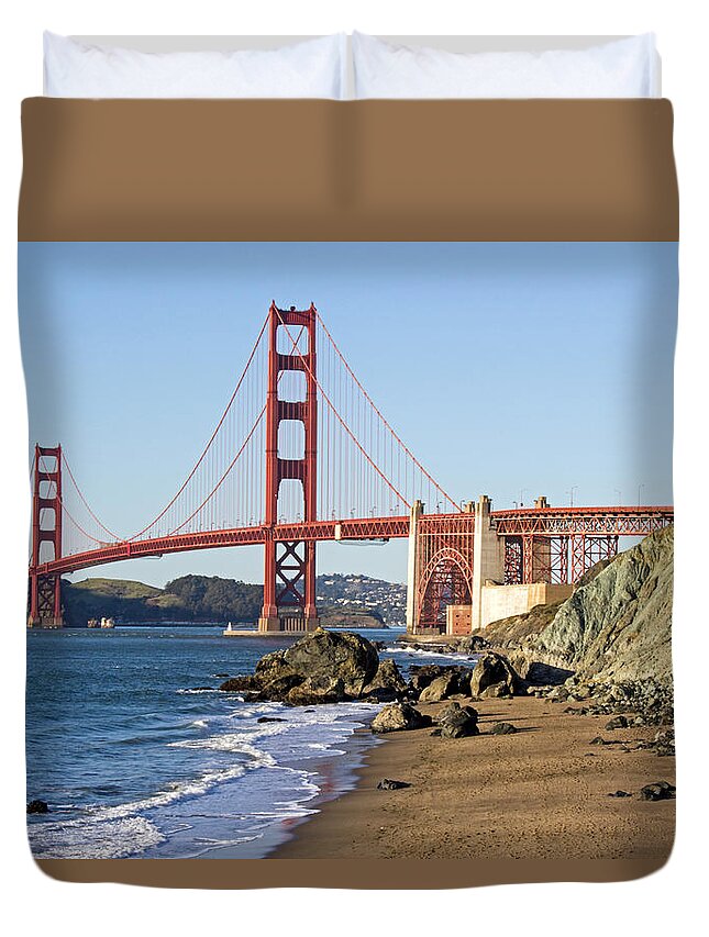 Golden Gate Bridge Duvet Cover featuring the photograph Golden #1 by Angie Schutt
