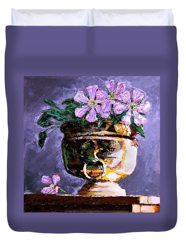Flowers Duvet Cover featuring the painting Golden Flower Pot #1 by John Lautermilch