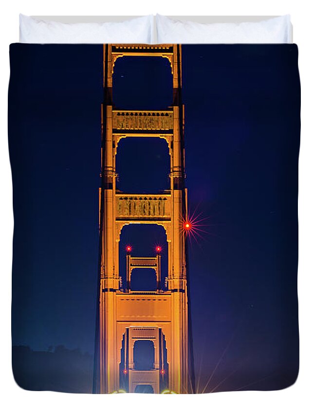 Golden Duvet Cover featuring the photograph Golden Gate Bridge Evening Commute Traffic #1 by Alex Grichenko