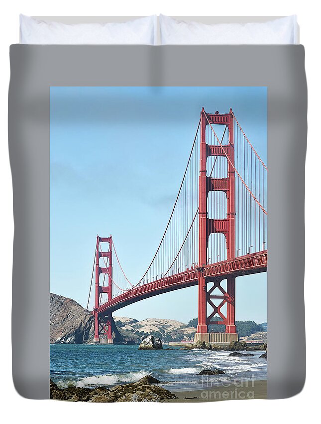 Architecture Duvet Cover featuring the photograph Golden Gate Bridge from Baker Beach 2 #1 by Dean Birinyi