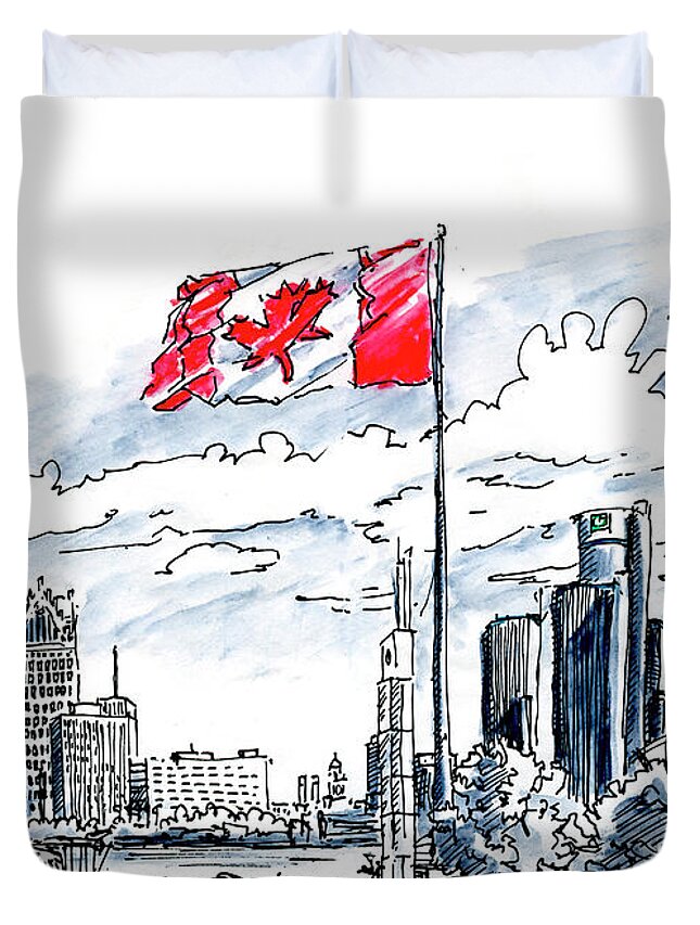 Canada Duvet Cover featuring the drawing Great Canadian Flag Windsor Detroit Skyline Fountain Pen Ink Dra by Frank Ramspott