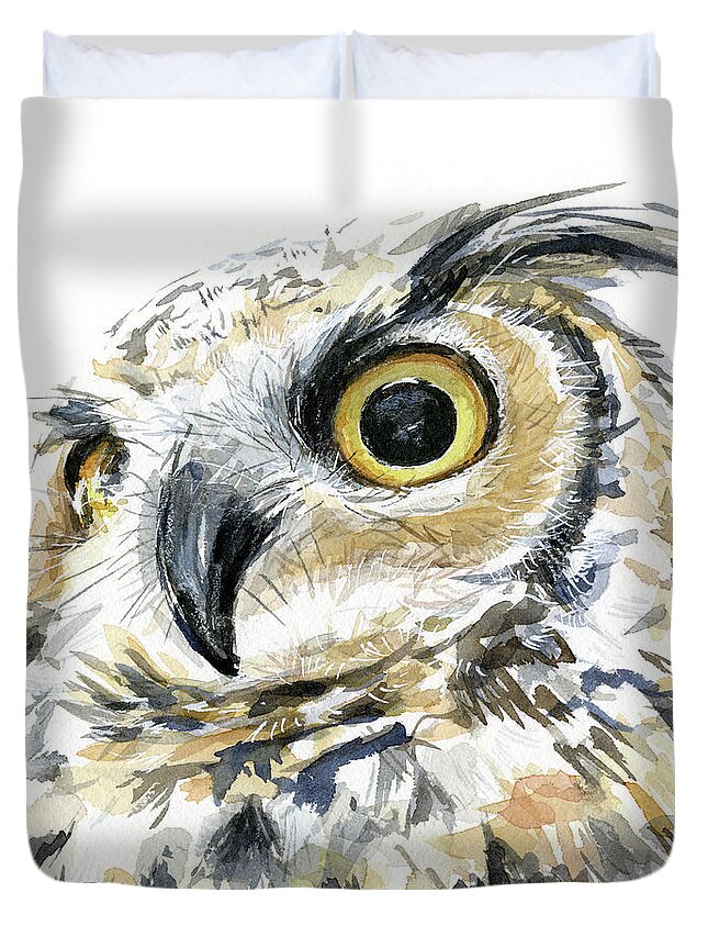 Owl Duvet Cover featuring the painting Great Horned Owl Watercolor #2 by Olga Shvartsur