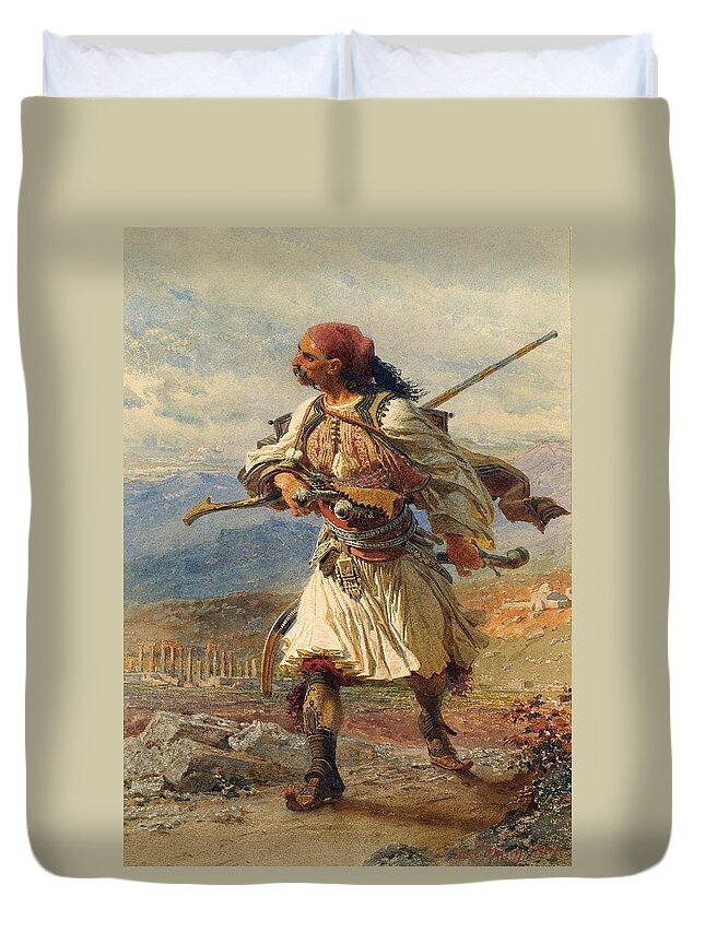 Carl Haag Duvet Cover featuring the painting Greek Warrior #5 by Carl Haag