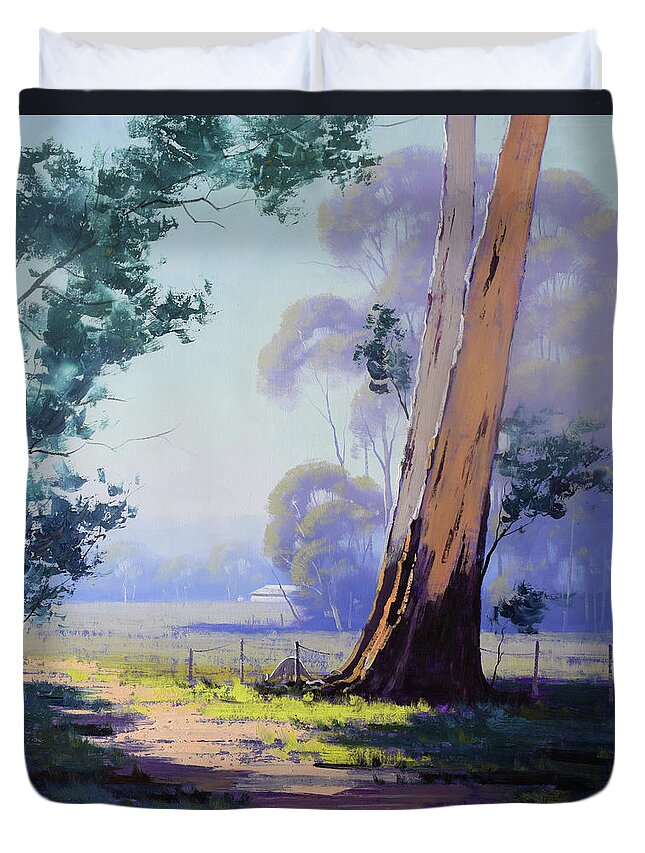 Eucalyptus Trees Duvet Cover featuring the painting Hazy Light landscape by Graham Gercken