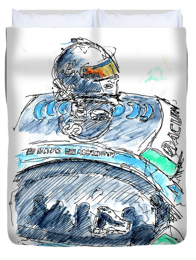 Helmet Duvet Cover featuring the drawing Helmet on Race Car Meyer Shank Racing Acura NSX-GT3 Ink Drawing by Frank Ramspott