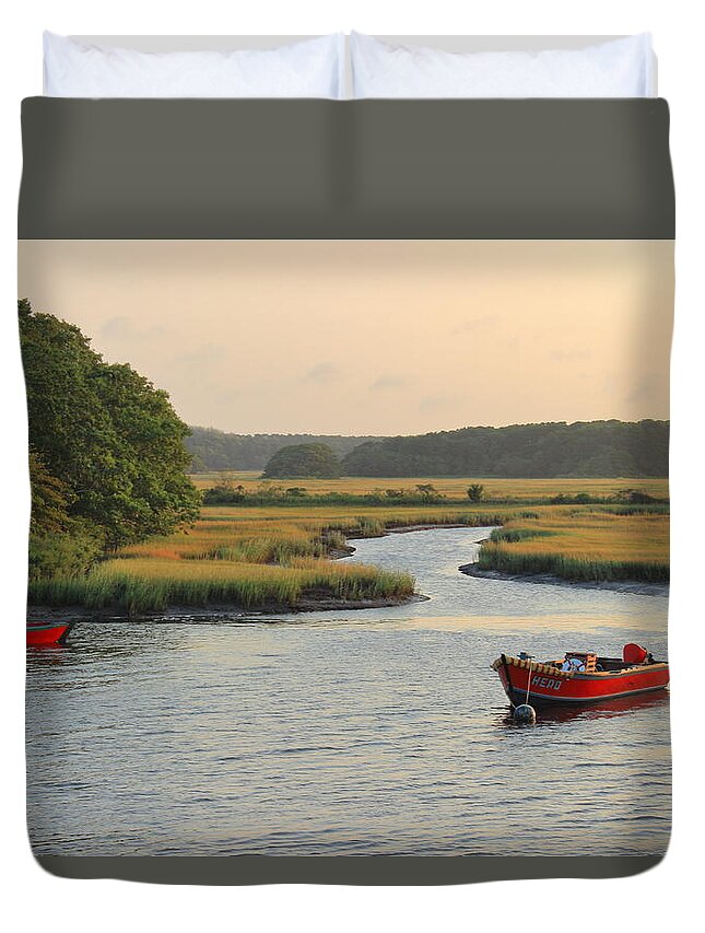 Harwich Duvet Cover featuring the photograph Herring River and Red Boats Cape Cod #1 by John Burk