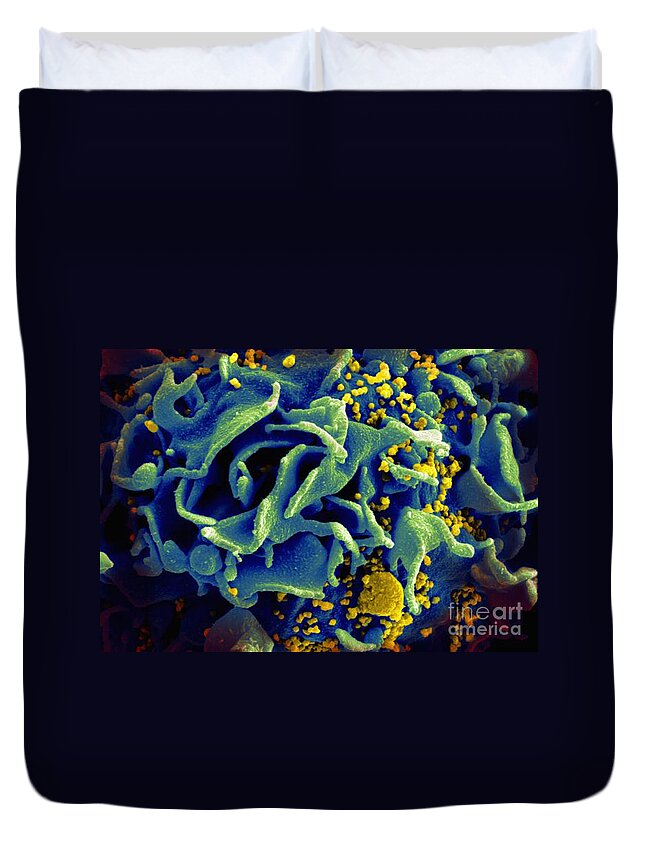Microbiology Duvet Cover featuring the photograph Hiv-infected T Cell, Sem by Science Source