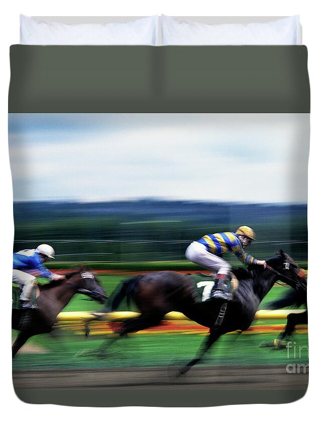 Motion Duvet Cover featuring the photograph Horse Race #1 by Jim Corwin