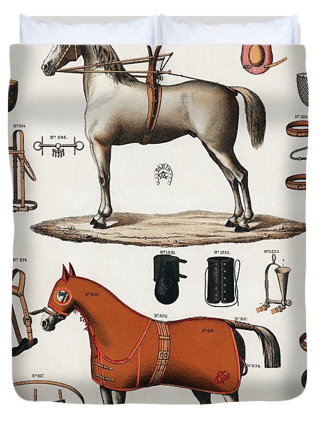 Accessory Duvet Cover featuring the drawing Horses with antique horseback riding equipments by Vincent Monozlay