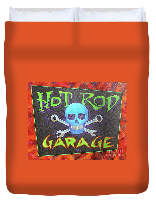 Hot Rods Duvet Cover featuring the painting Hot Rod Garage #1 by Alan Johnson