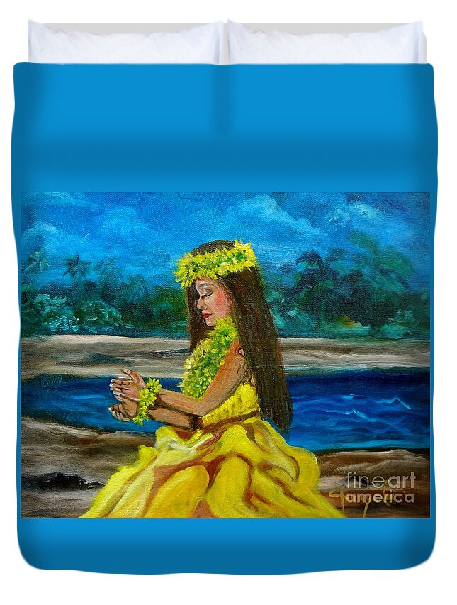 Hula Dance Duvet Cover featuring the painting Hula Girl ON THE BEACH #2 by Jenny Lee