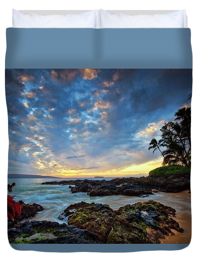 Secret Beach Maui Sunset Hula Dancer Palmtrees Clouds Beach Duvet Cover featuring the photograph Hula Sunset #1 by James Roemmling
