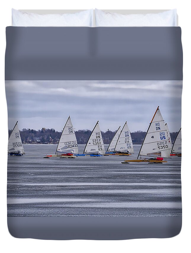 Ice Boats Duvet Cover featuring the photograph ice sailing - Madison - Wisconsin #1 by Steven Ralser