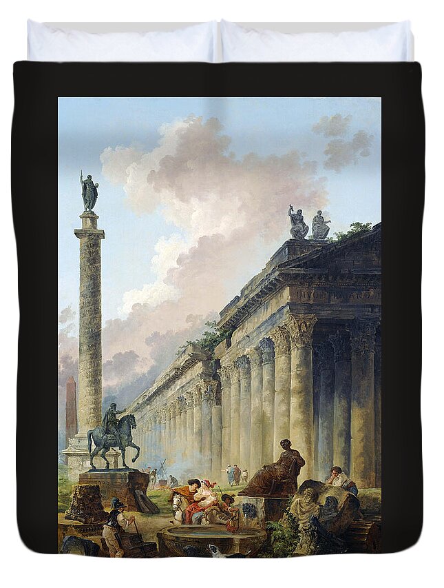 Hubert Robert Duvet Cover featuring the painting Imaginary View of Rome with Equestrian Statue of Marcus Aurelius, the Column of Trajan and a Temple by Hubert Robert