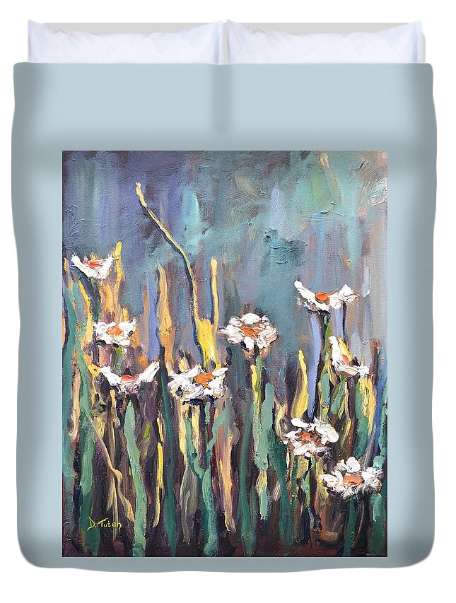 Floral Duvet Cover featuring the painting Impasto Daisies by Donna Tuten