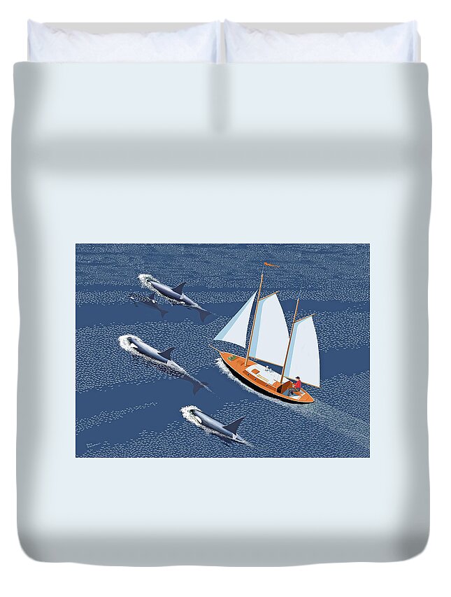 Whale Whales Sailing Ketch Schooner Boat Boating Pod Orca Blue Whale Killer Whale Whaling Moby Dick Ocean Oceanic Blowing Spouting Saddle Patch Breaching Cetacean Whalelike Beluga Lobtailing Fluking Duvet Cover featuring the digital art In the company of whales by Gary Giacomelli