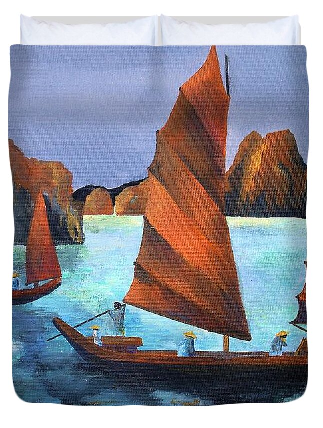 Fishing Duvet Cover featuring the painting Junks In the Descending Dragon Bay #1 by Taiche Acrylic Art