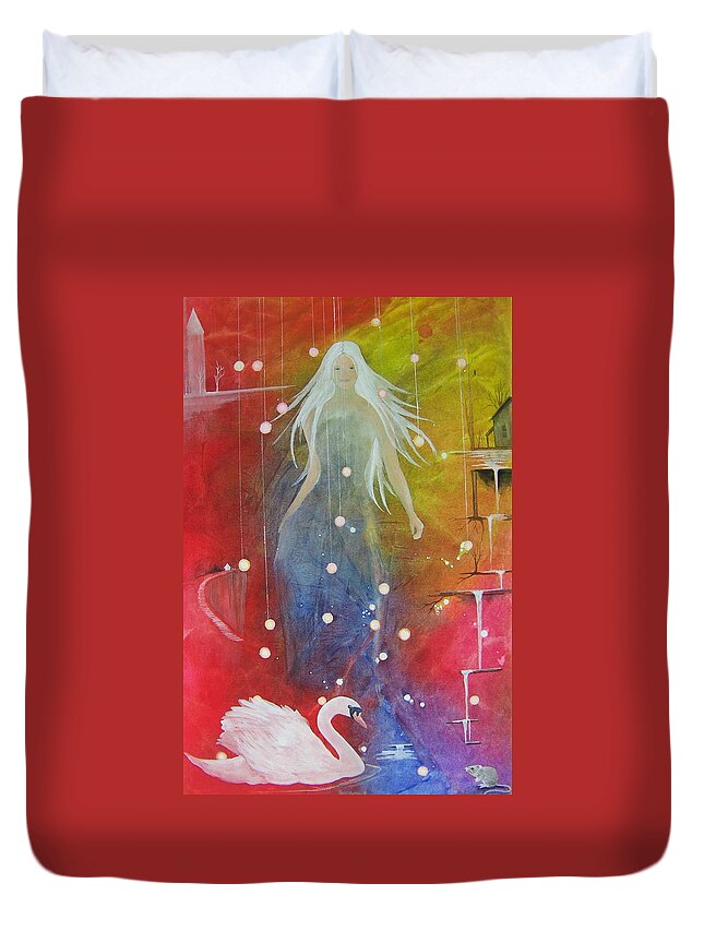 Girl Duvet Cover featuring the painting Kendra and the Swan by Jackie Mueller-Jones