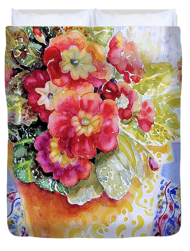 Watercolor Duvet Cover featuring the painting Kitchen Primrose II #1 by Ann Nicholson