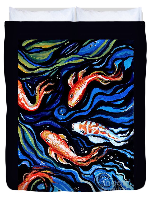 Koi Fish Duvet Cover featuring the painting Koi Fish In Ribbons of Water #1 by Elizabeth Robinette Tyndall