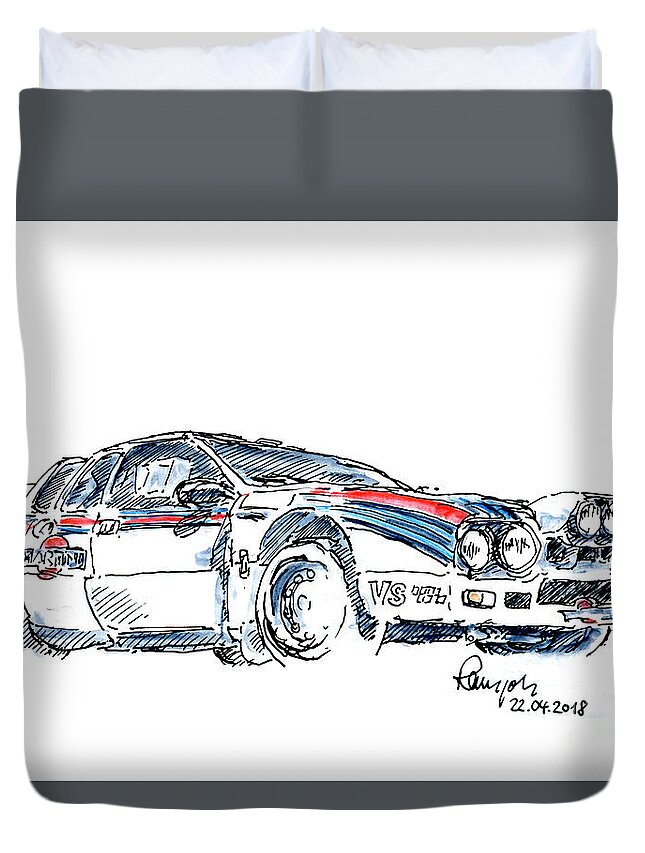 Lancia Duvet Cover featuring the drawing Lancia Rallye 037 Group B Fountain Pen Ink Drawing by Frank Ramspott
