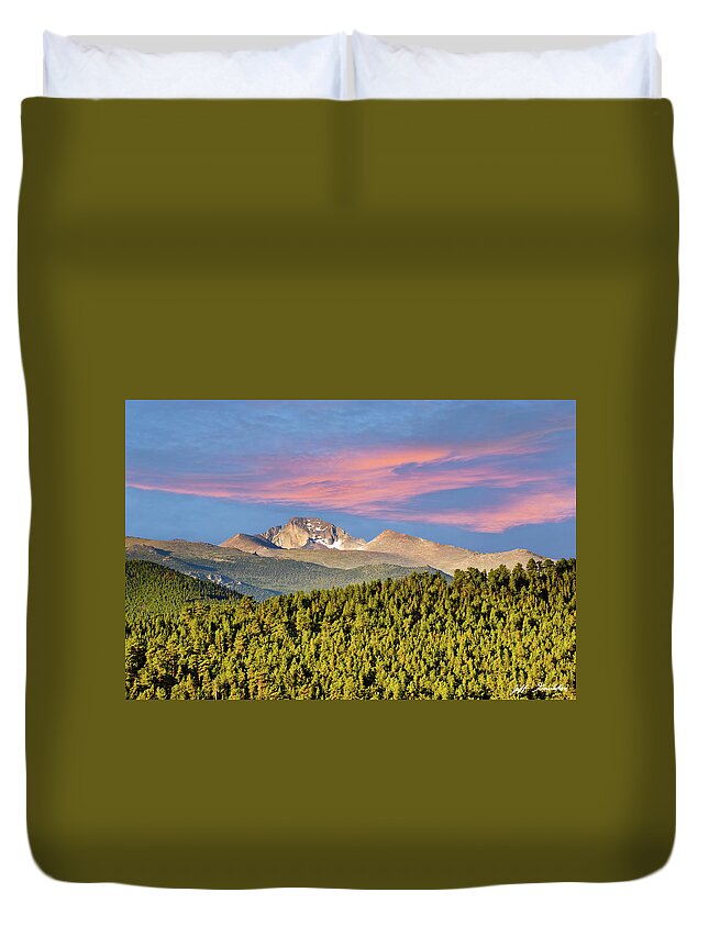 Beauty In Nature Duvet Cover featuring the photograph Longs Peak at Sunrise by Jeff Goulden